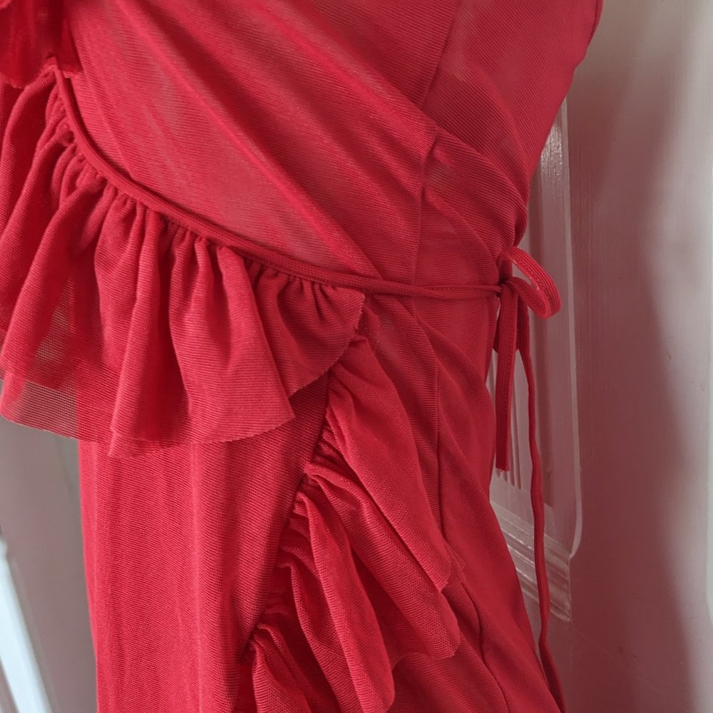 Forplay Red Mesh Ruffle Halter Gown - Picture 7 of 11